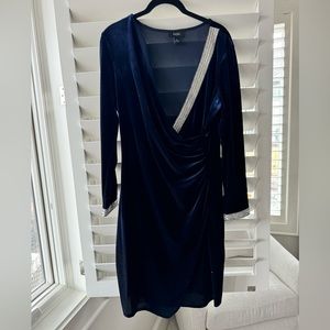 NWOT MSK Velvet Faux-Wrap Dress Women's Navy Blue Long Sleeve Embellished Jewels